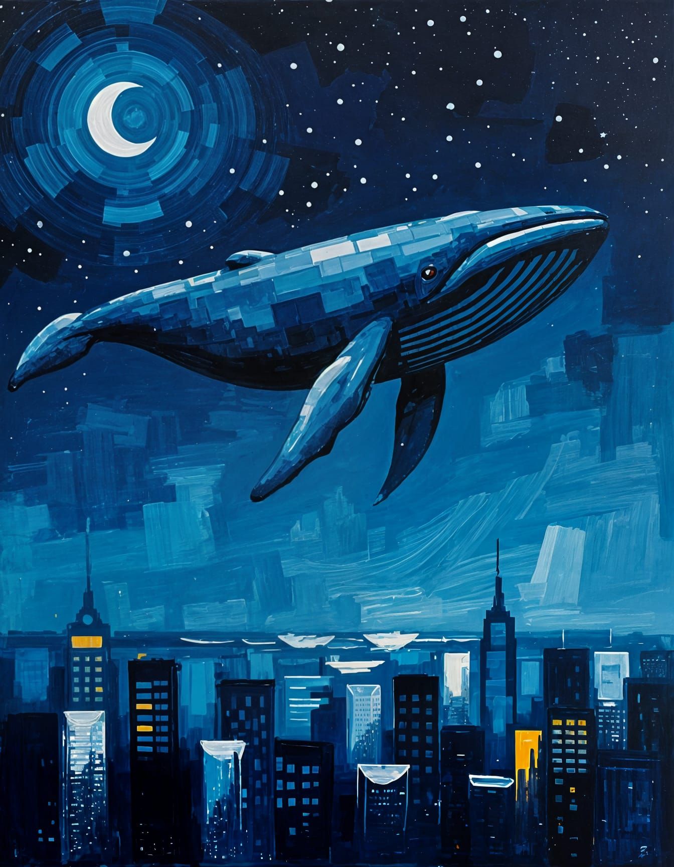 Whale in Night Sky Above City, Thick Splotchy Oil Painting