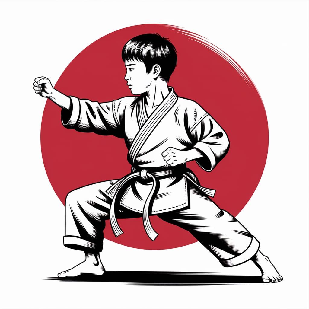Karate Kid Action in Chinese Ink Illustration