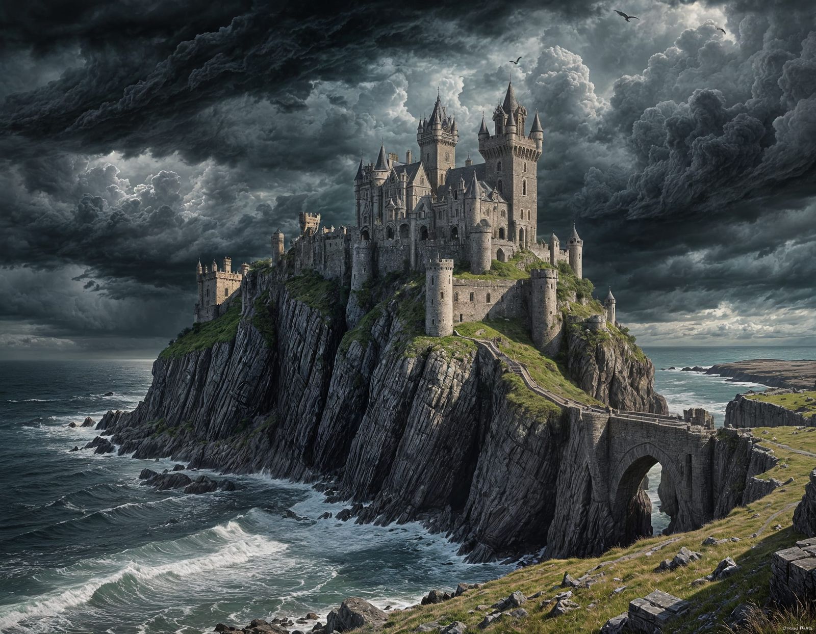 Gothic Seaside Castle Under Stormy Skies