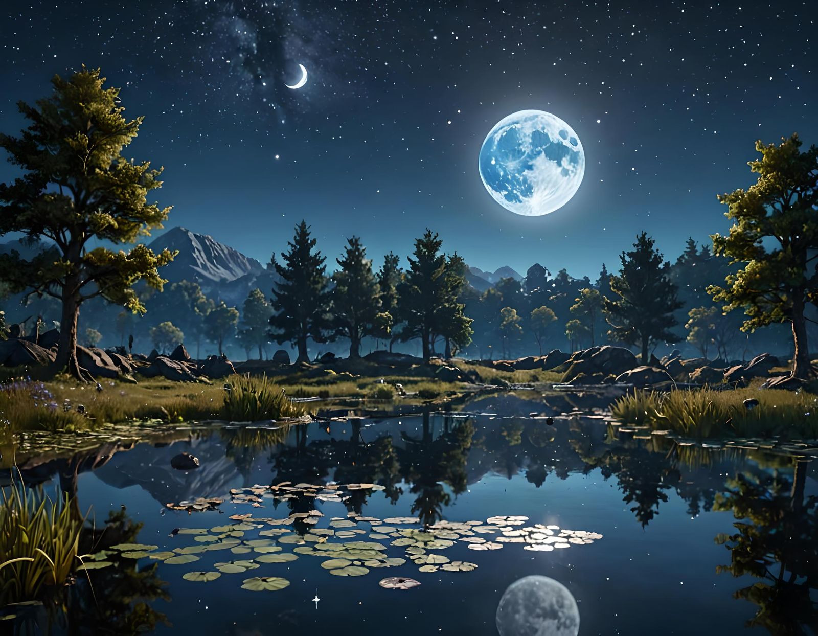 Full Moon Reflection Over Pond, Fantasy Concept Art