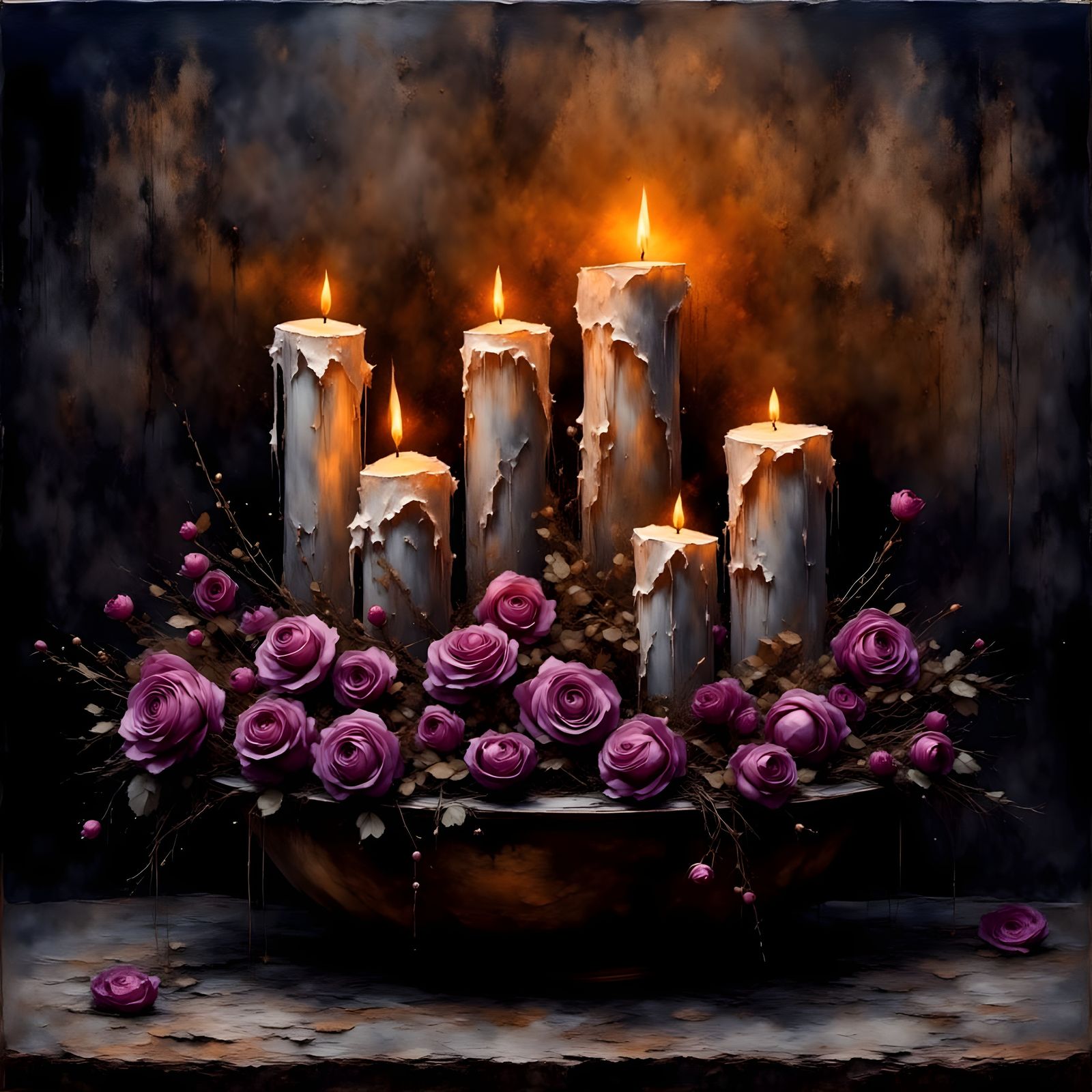 Burning Candles Amidst Purple Roses in Grungy Oil Style