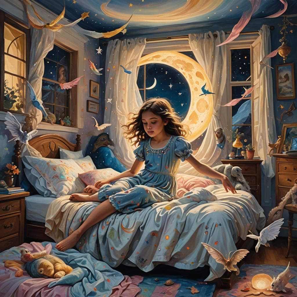 Magical Bedtime Story: Oil Painting of Girl and Creatures