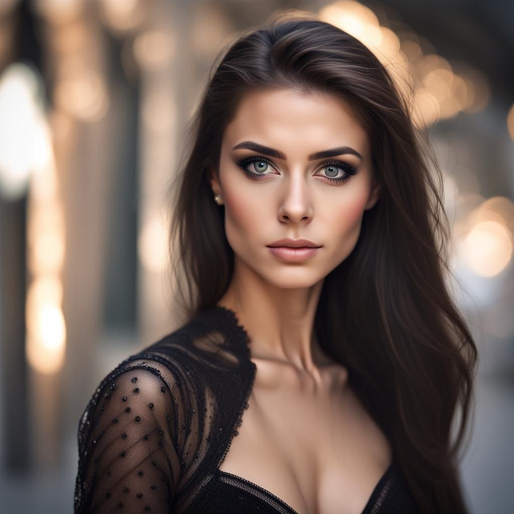 Hyperrealistic Portrait of a Woman in Black Dress