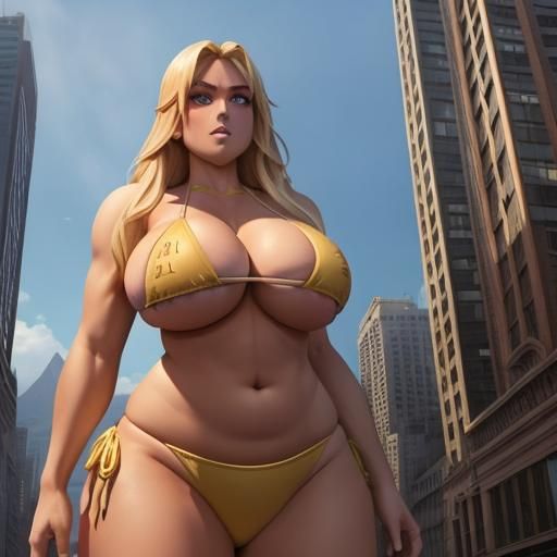 Giant Rampaging Woman in City with Bikini
