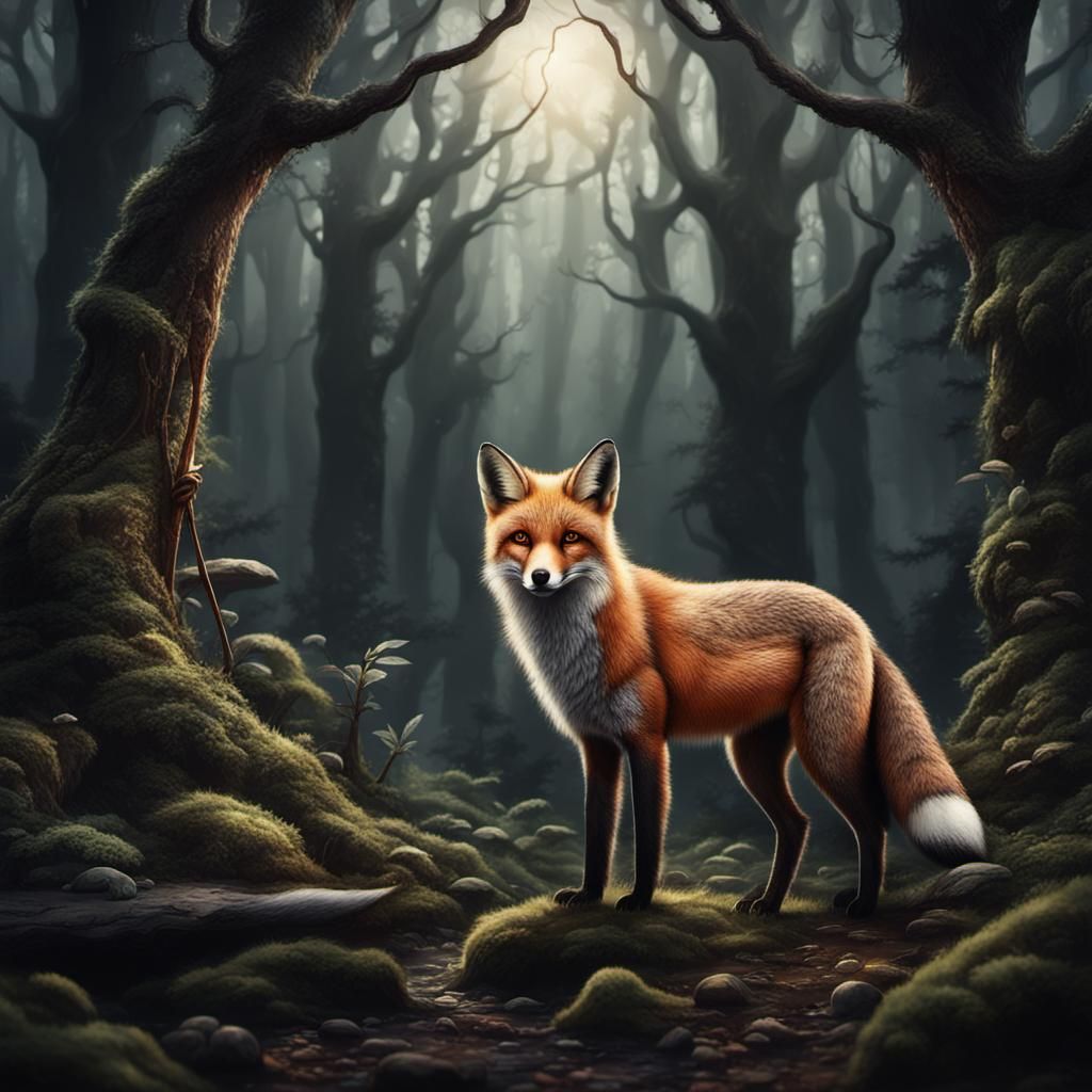 Brown Fox in Dark Fantasy Forest