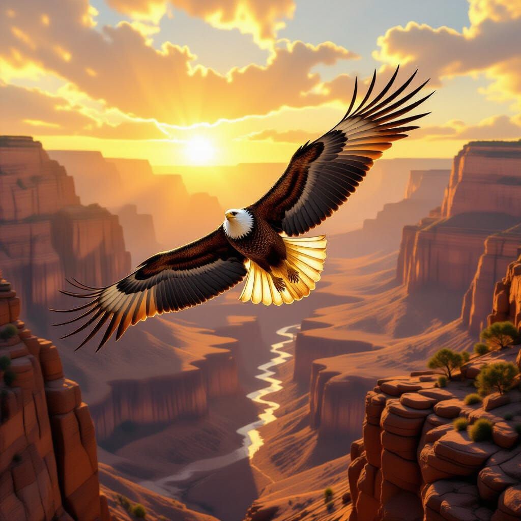 Majestic Eagle Soars Through Sunlit Canyon