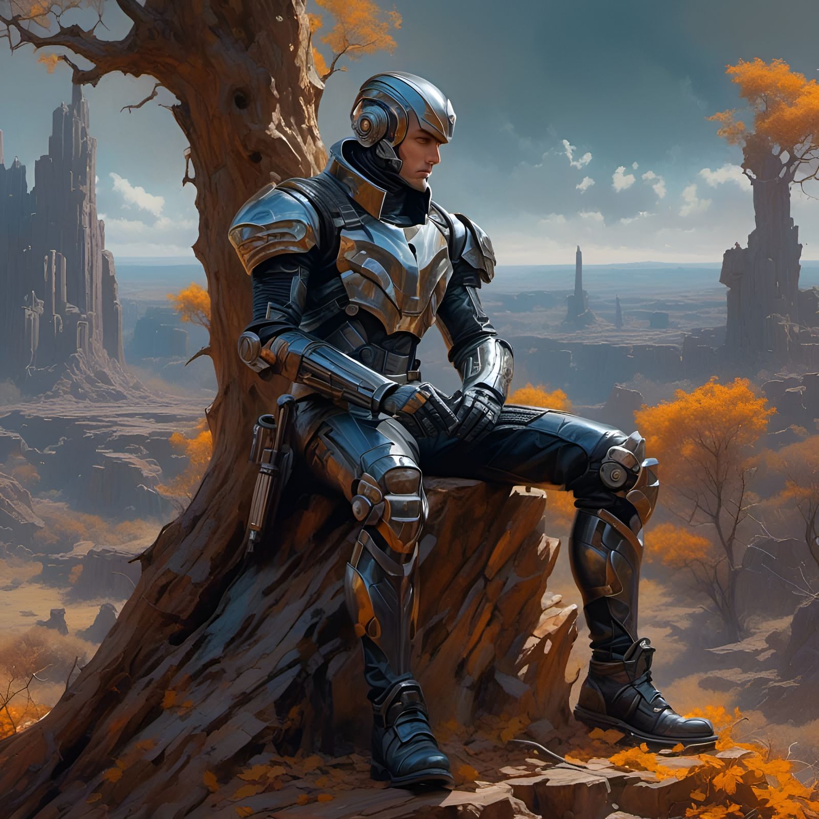 Cyborg Warrior Contemplation in Sci-Fi Landscape