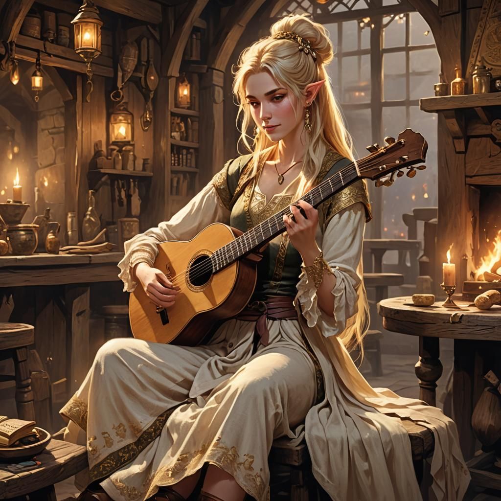 Half-Elf Bard in Tavern with Magical Lute