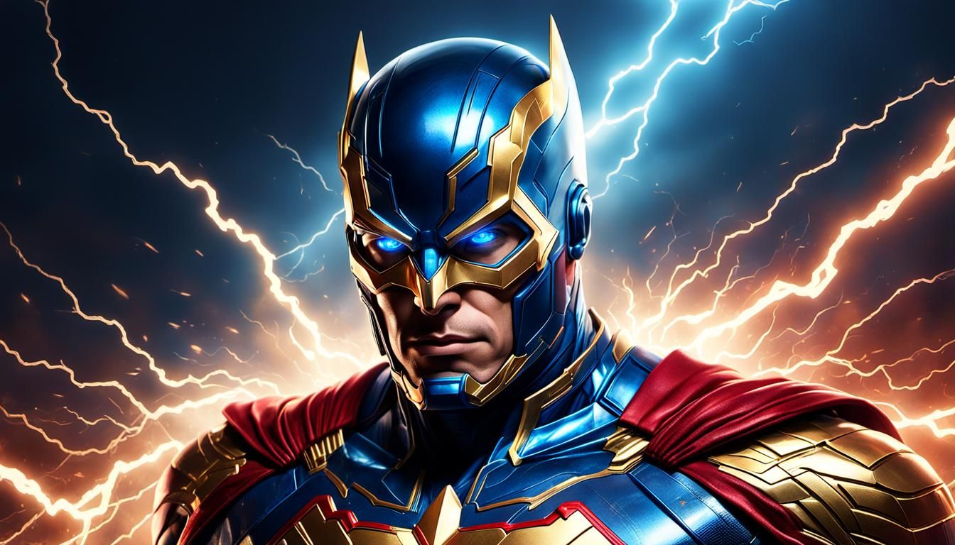 Hyper-Realistic Superhero in Metallic Blue and Crimson Suit