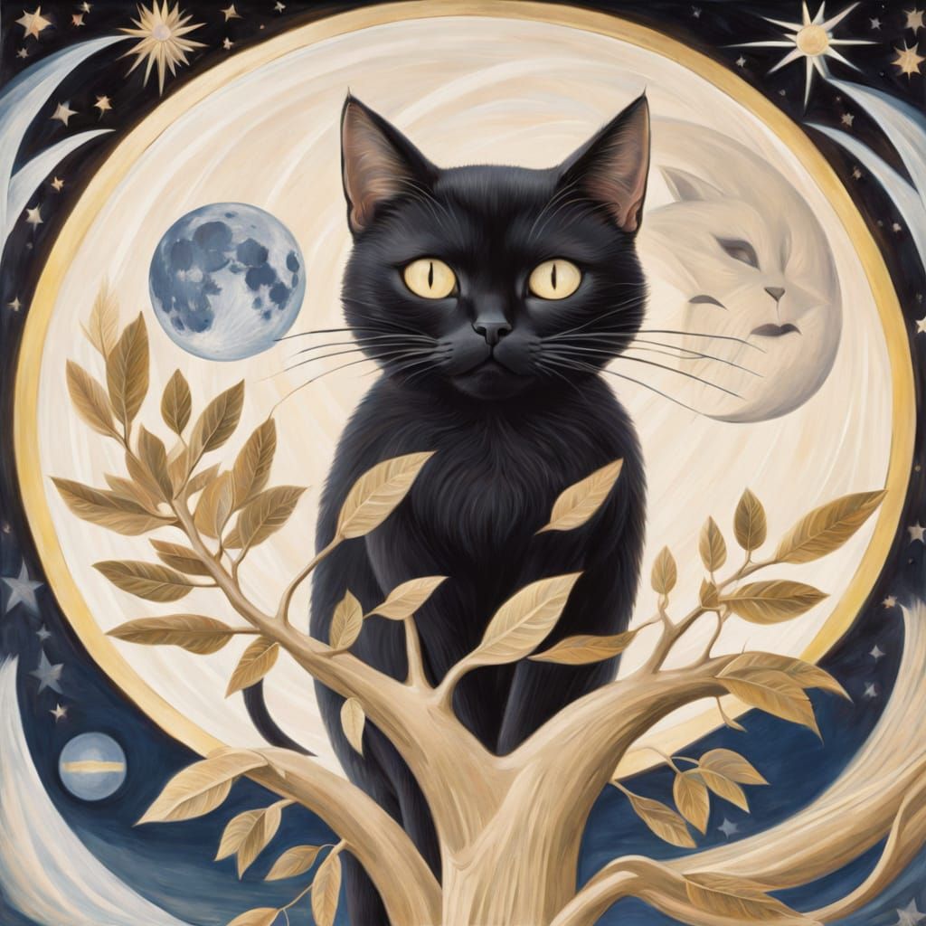 Black Cat Reaching for Moon in Abstract Painting