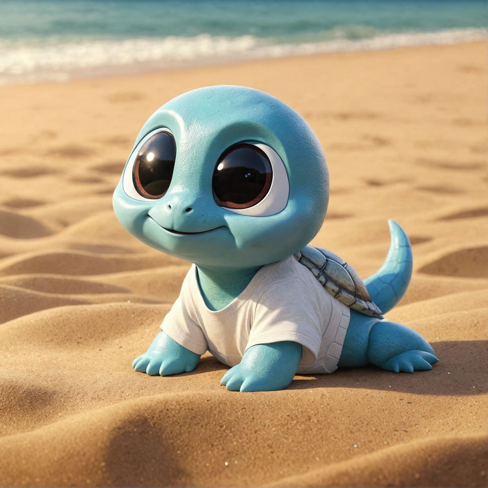 Happy Cartoon Turtle Lounging on a Beach