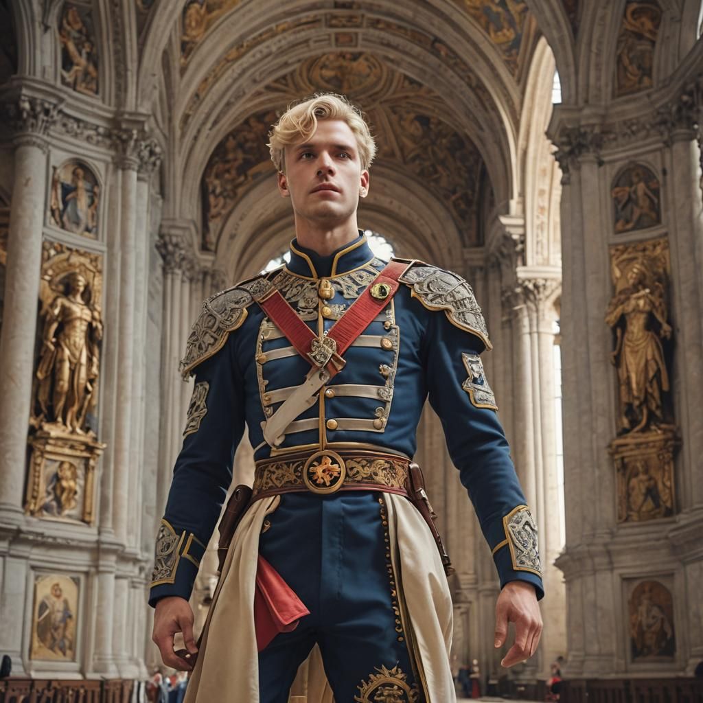 Handsome Swiss Guard in Ornate Cathedral: Photorealistic 4K