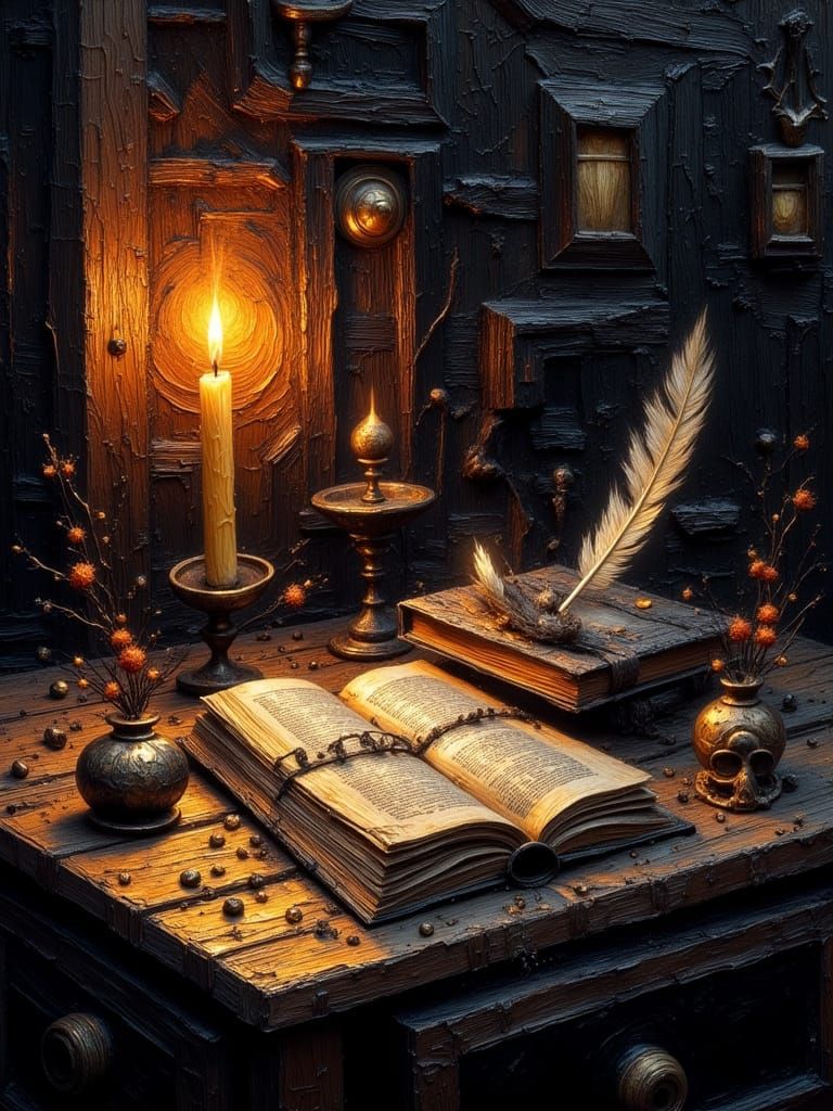 Gothic Book, Quill, and Candle Impasto Painting