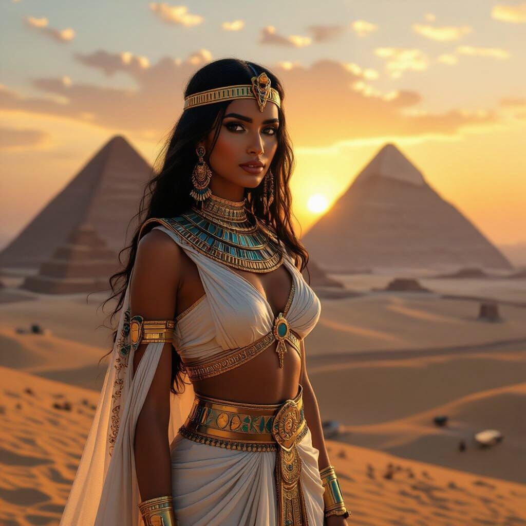 Pharaonic Egyptian Woman Before Giza Pyramids at Sunset