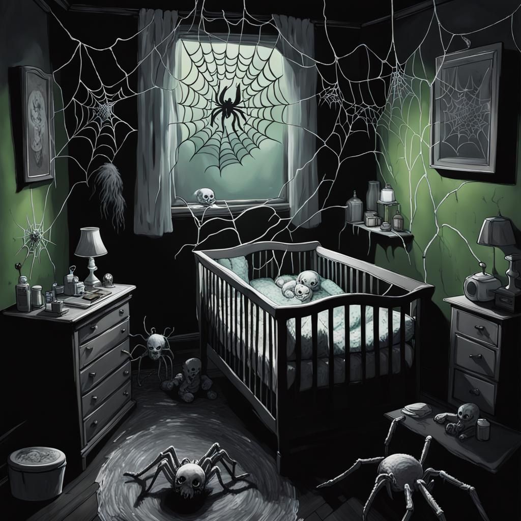detailed demonic, baby nursery, spider webs, slime, dirty pacifier,  sinister by Greg Rutkowski