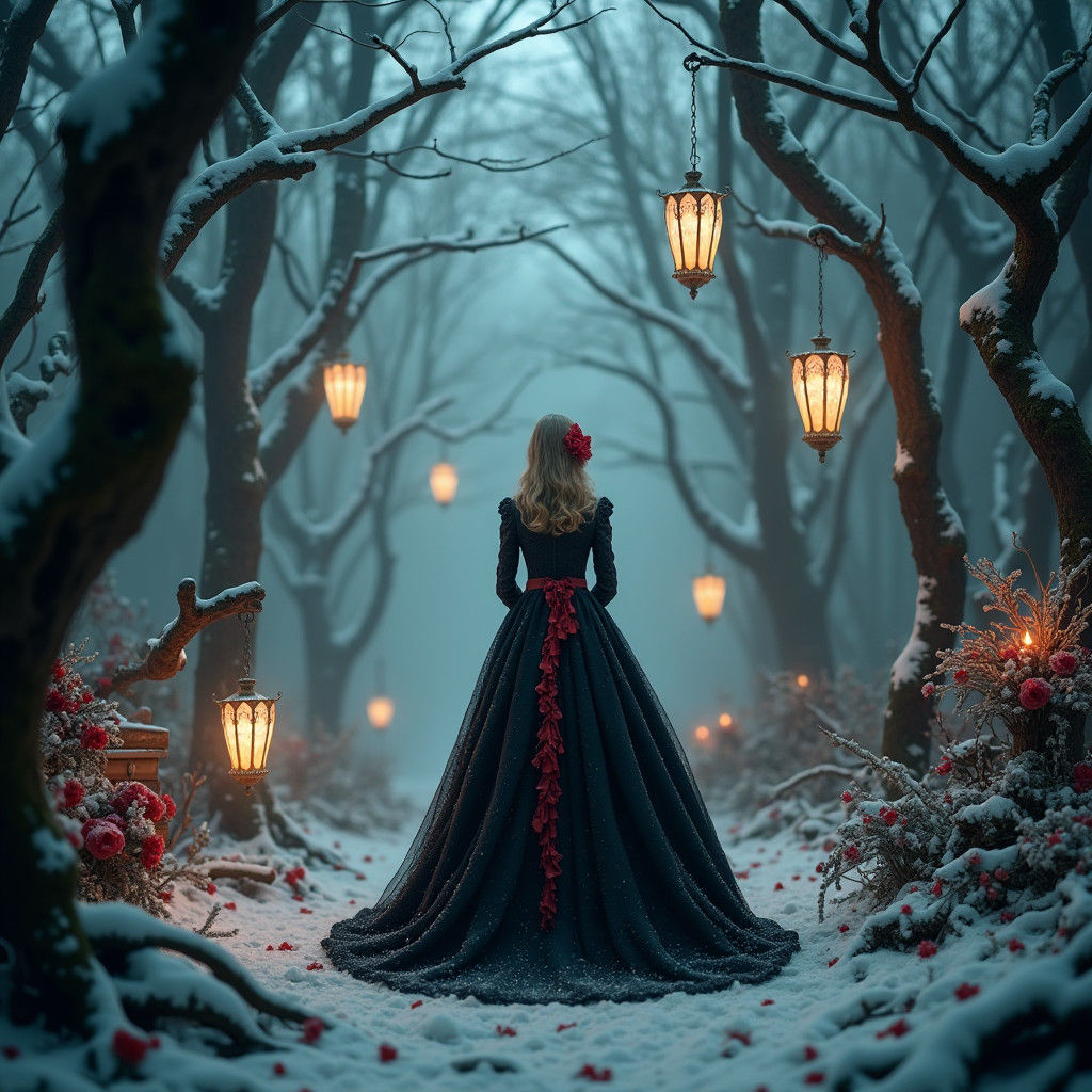 Gothic Alice in Wonderland Christmas in Snowy Forest