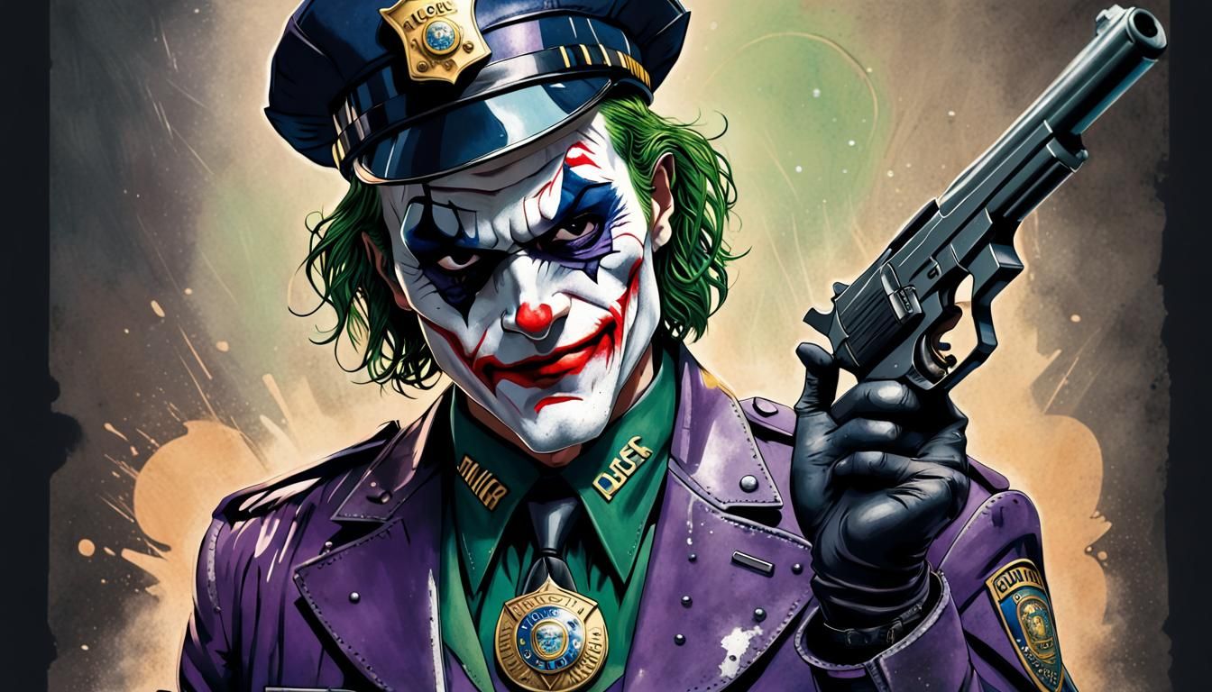 The joker dressed as a policeman badge+gun.
Art style by Edu...