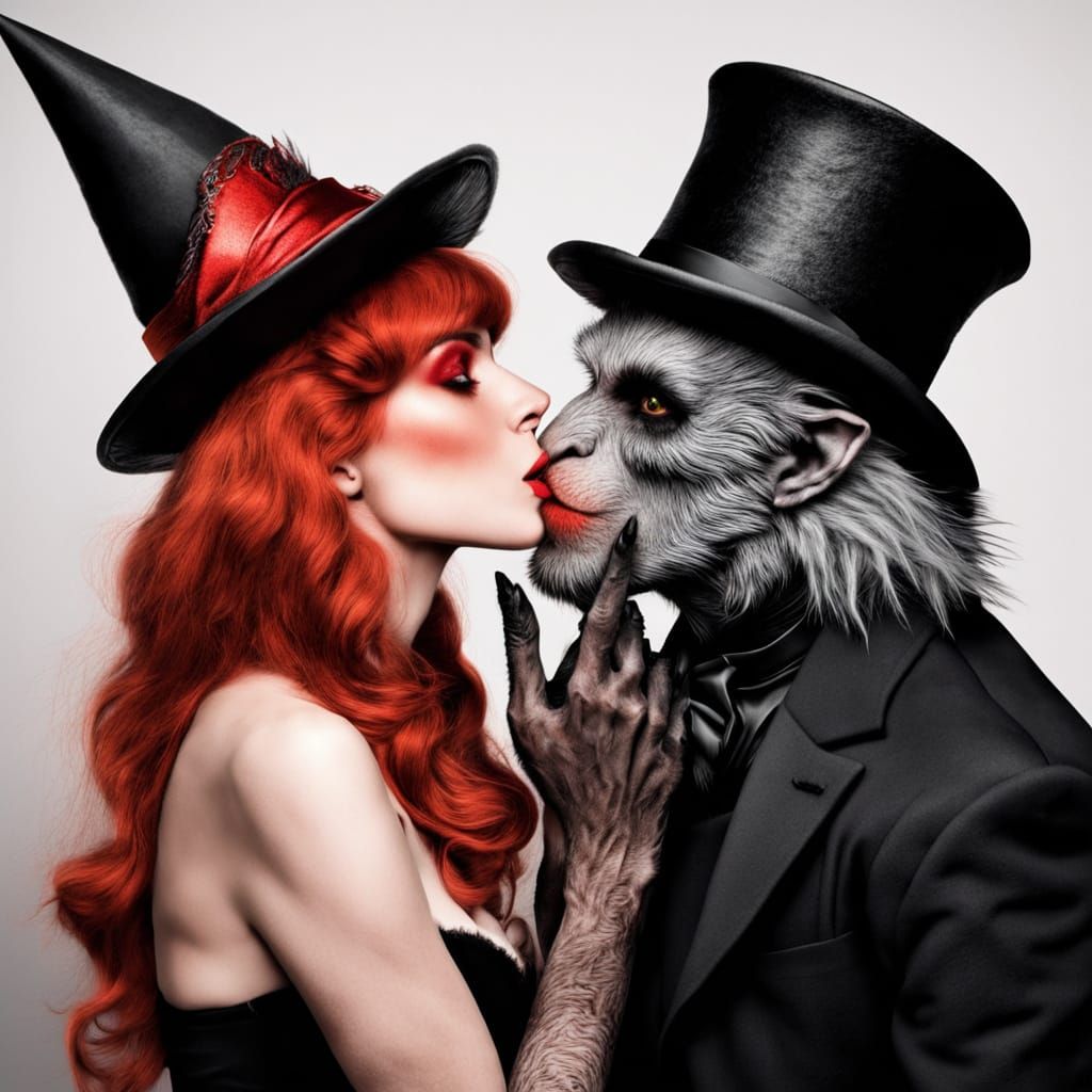 Werewolf Kisses Witch in High Contrast