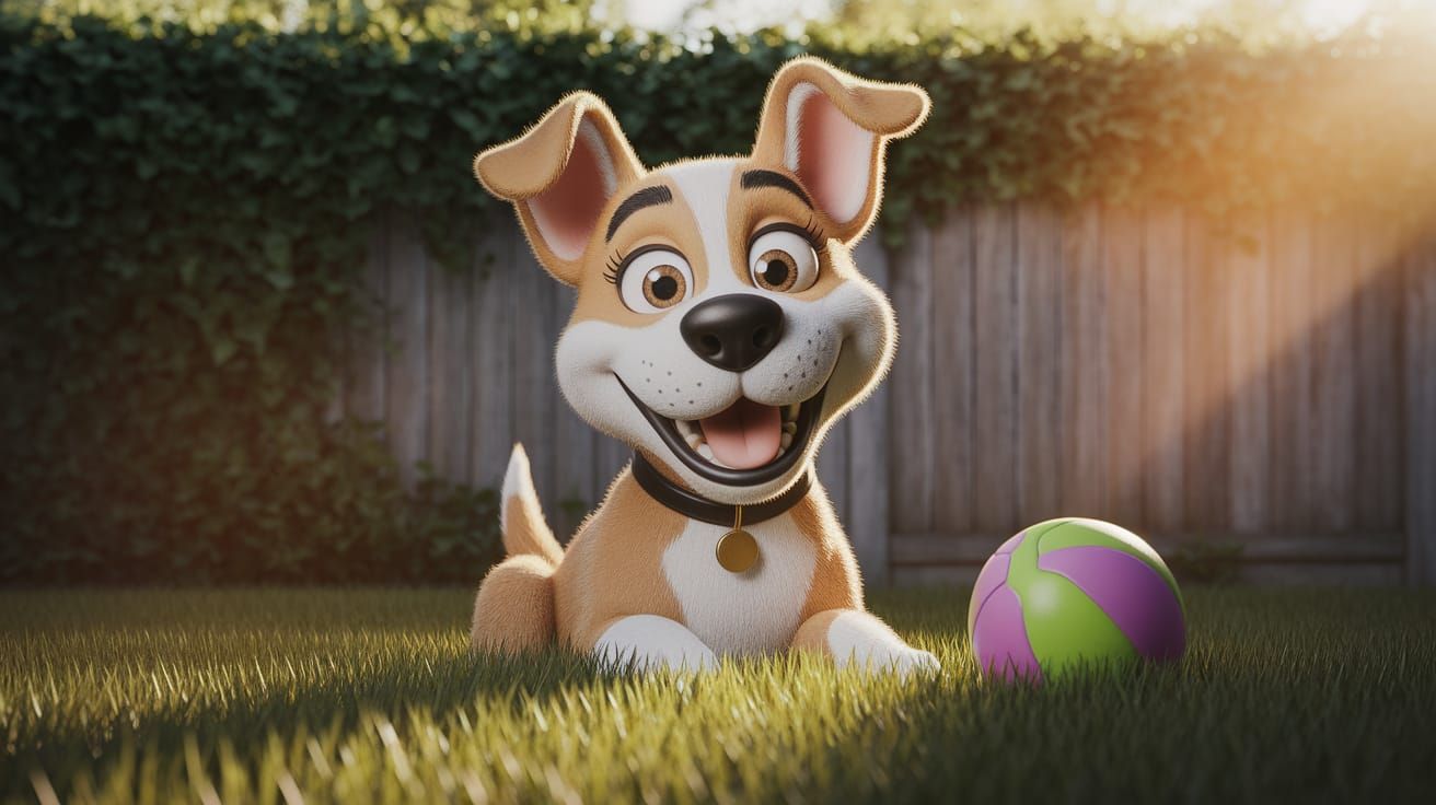 Happy Dog Caricature in Backyard 3D Render