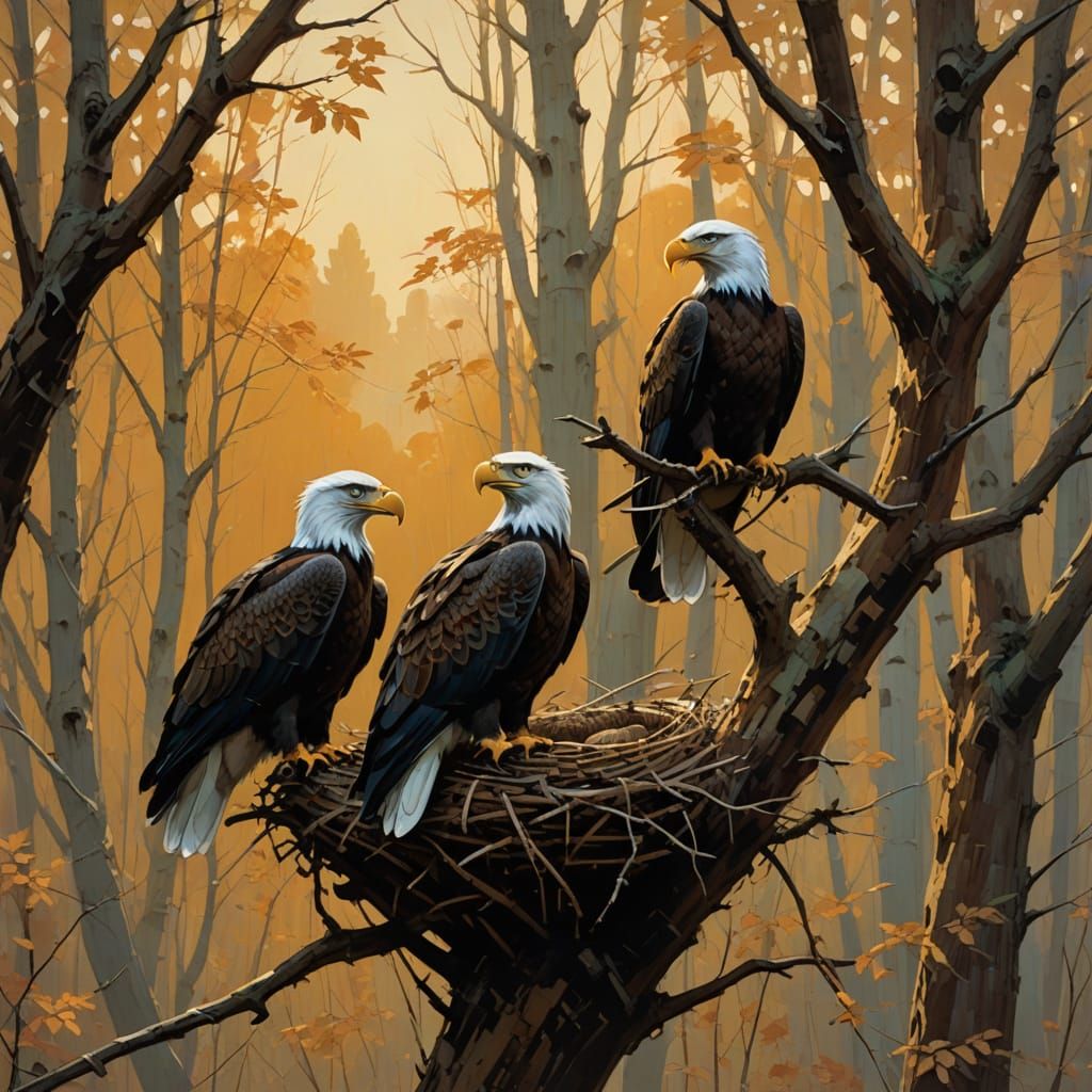 Eagles Building a Nest in Warm Forest Light