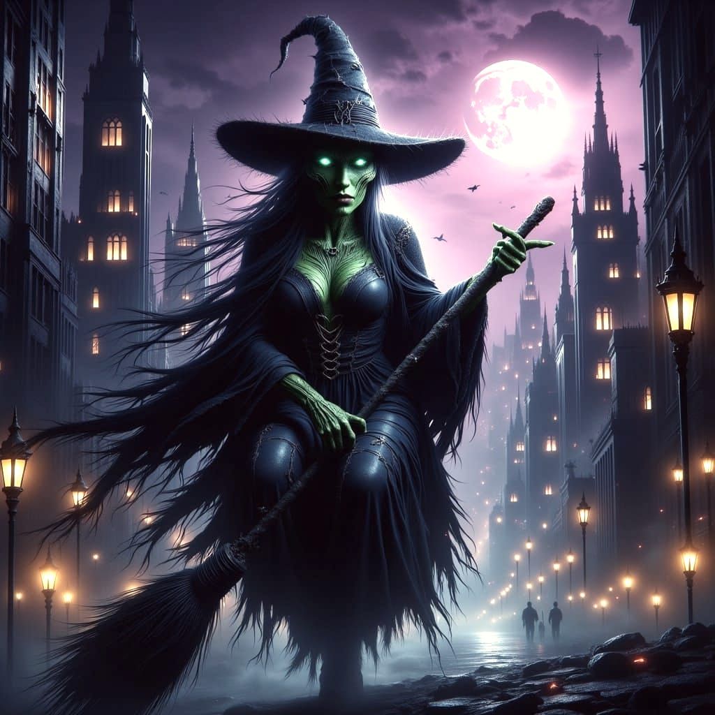 Mean Green Witch Rides Broom in City, Dark Fantasy
