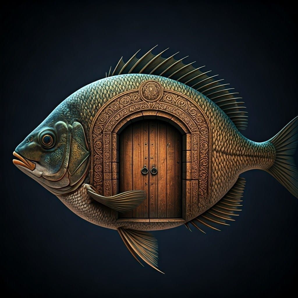 Intricate Wooden Door Carved on a Fish: Hyperrealistic Art