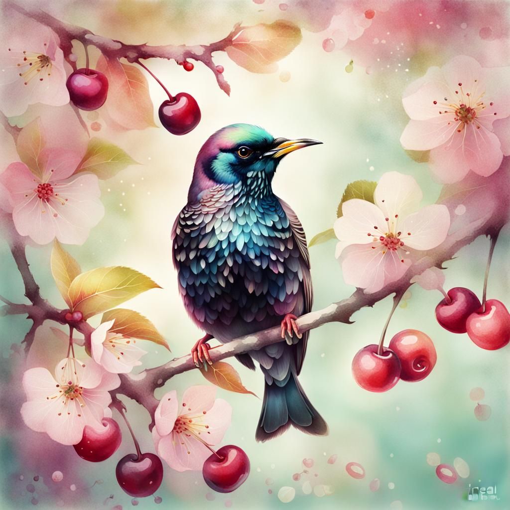 Starling Close-Up on Cherry Tree in Pastel Colors