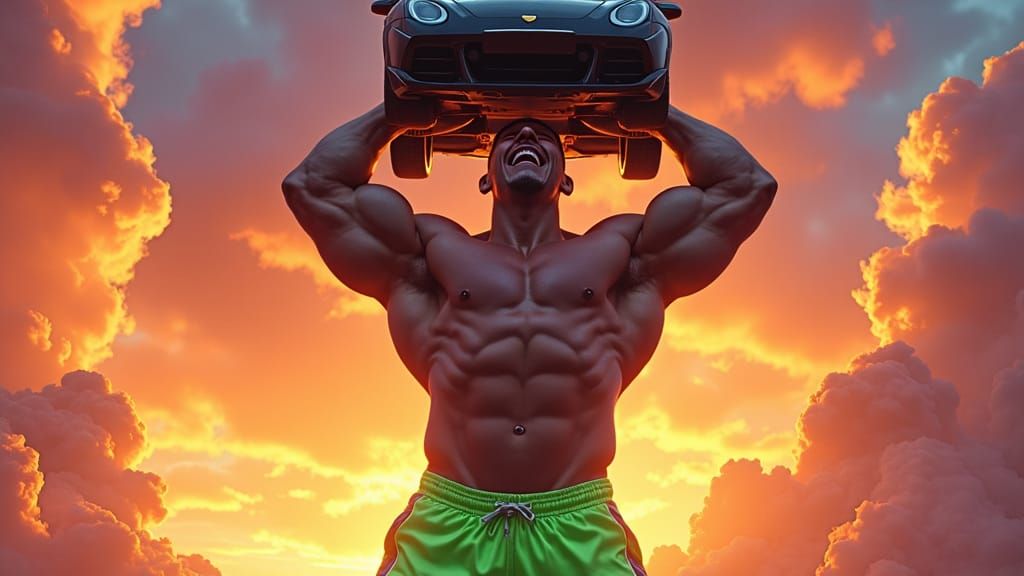 Titan Bodybuilder Lifts Car in Hyper-Realistic Matte Paintin...