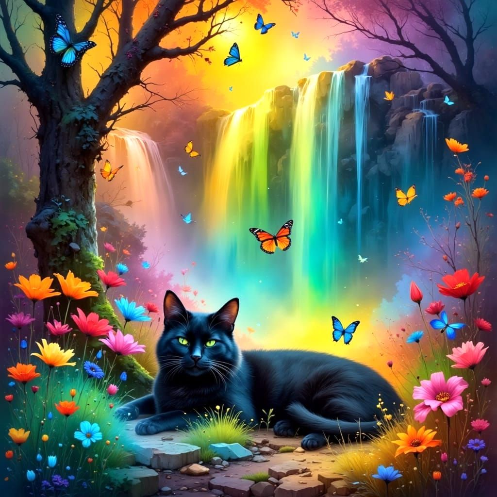 Vibrant Spring Scene with Sleeping Black Cat