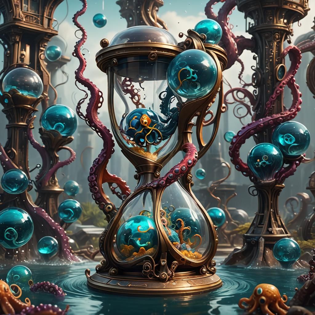 Futuristic Hourglass with Smart Octopus: Digital Art
