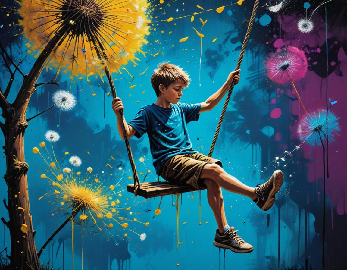 Vibrant Street Art Scene with Boy Swinging from Dandelion
