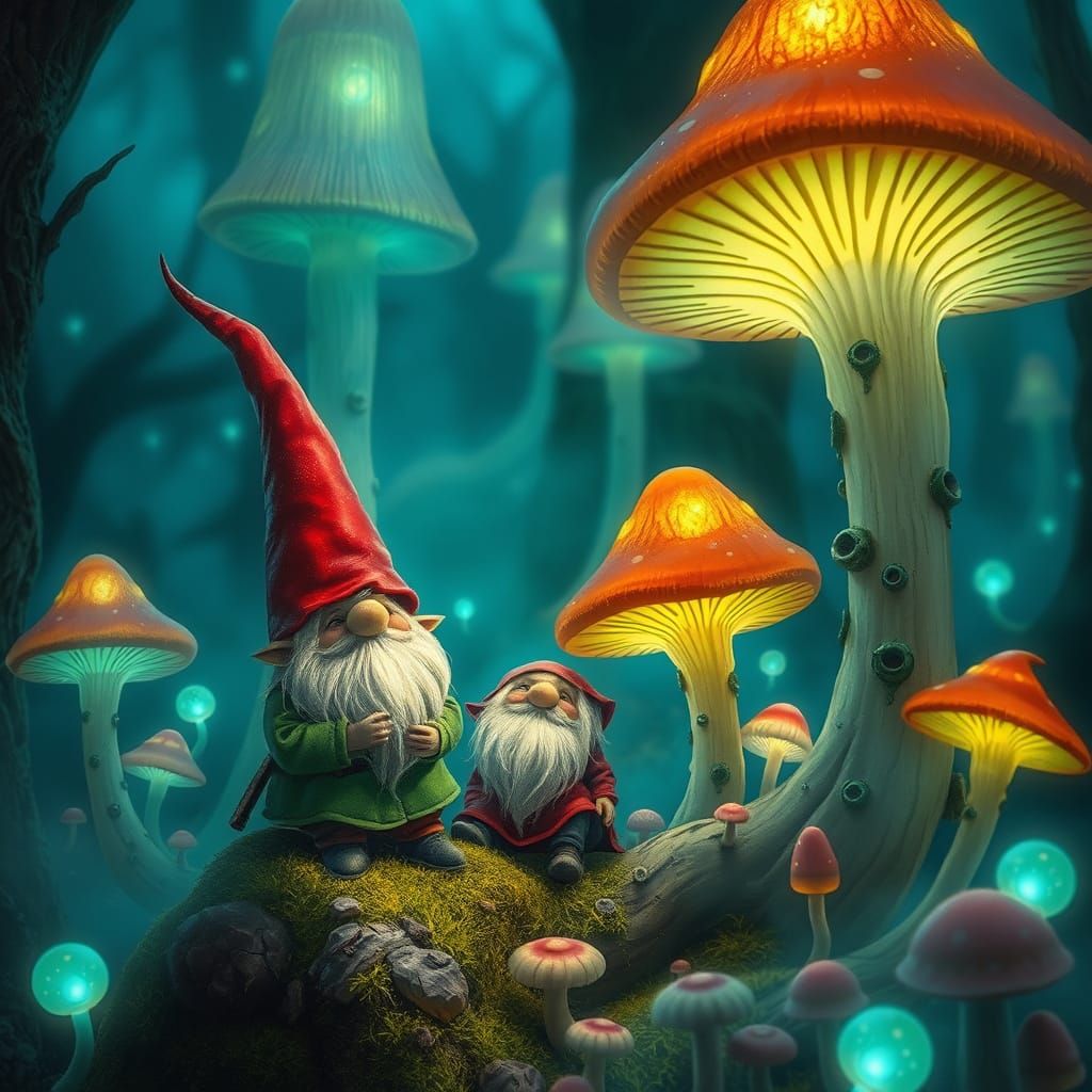 Gnomes in a Magical Bioluminescent Forest