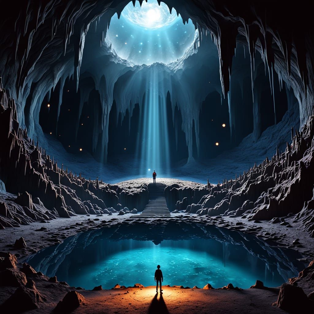 Vast Lunar Cavern With Starry Sky View