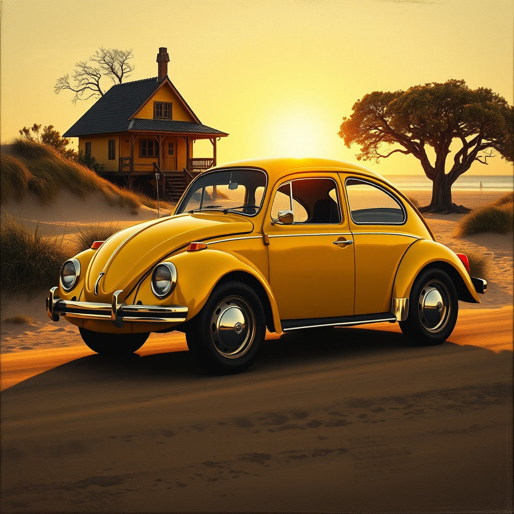 Yellow VW Beetle: Oil Painting in Rembrandt Style