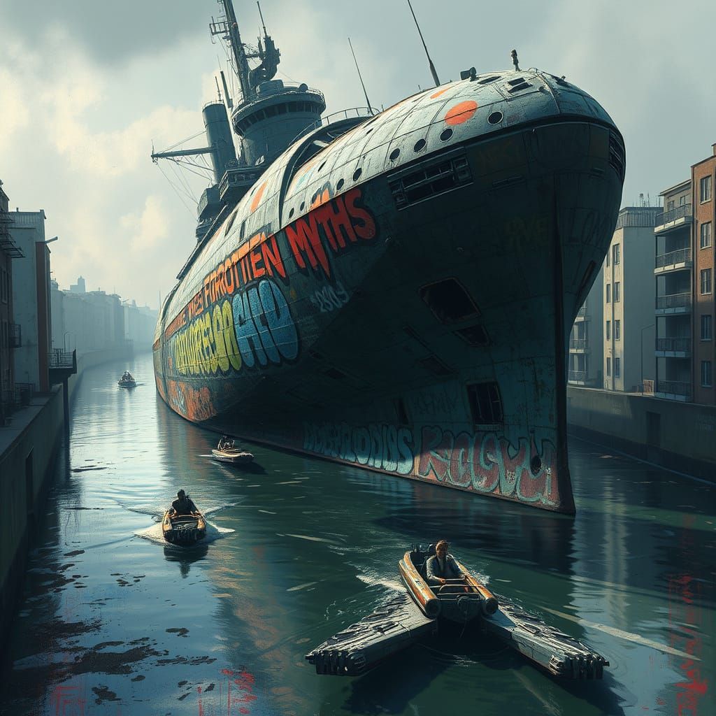 Derelict Spaceship Wreck in Urban Canal with Graffiti Art