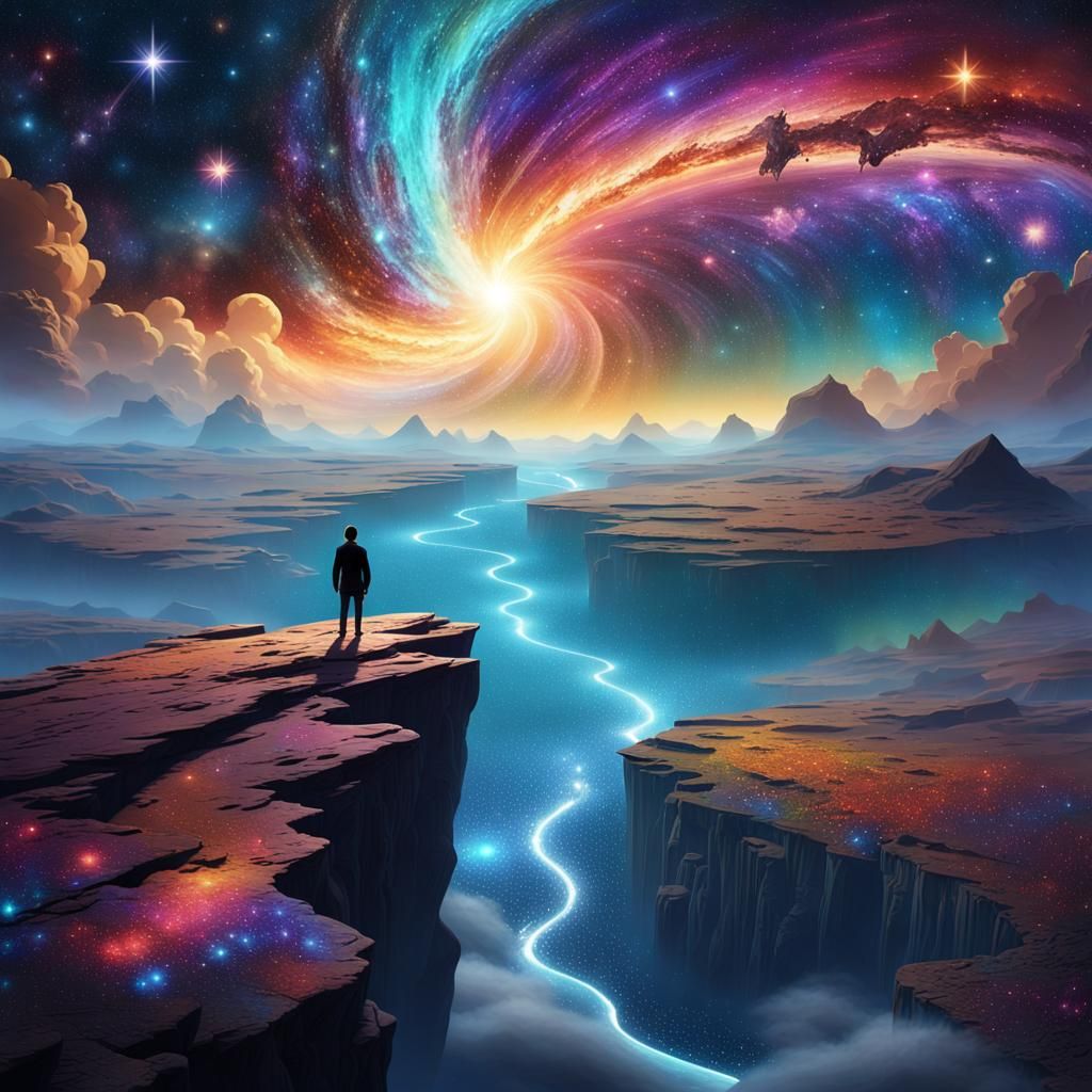 Lone Figure Gazing at Cosmic Expanse in Detailed Art