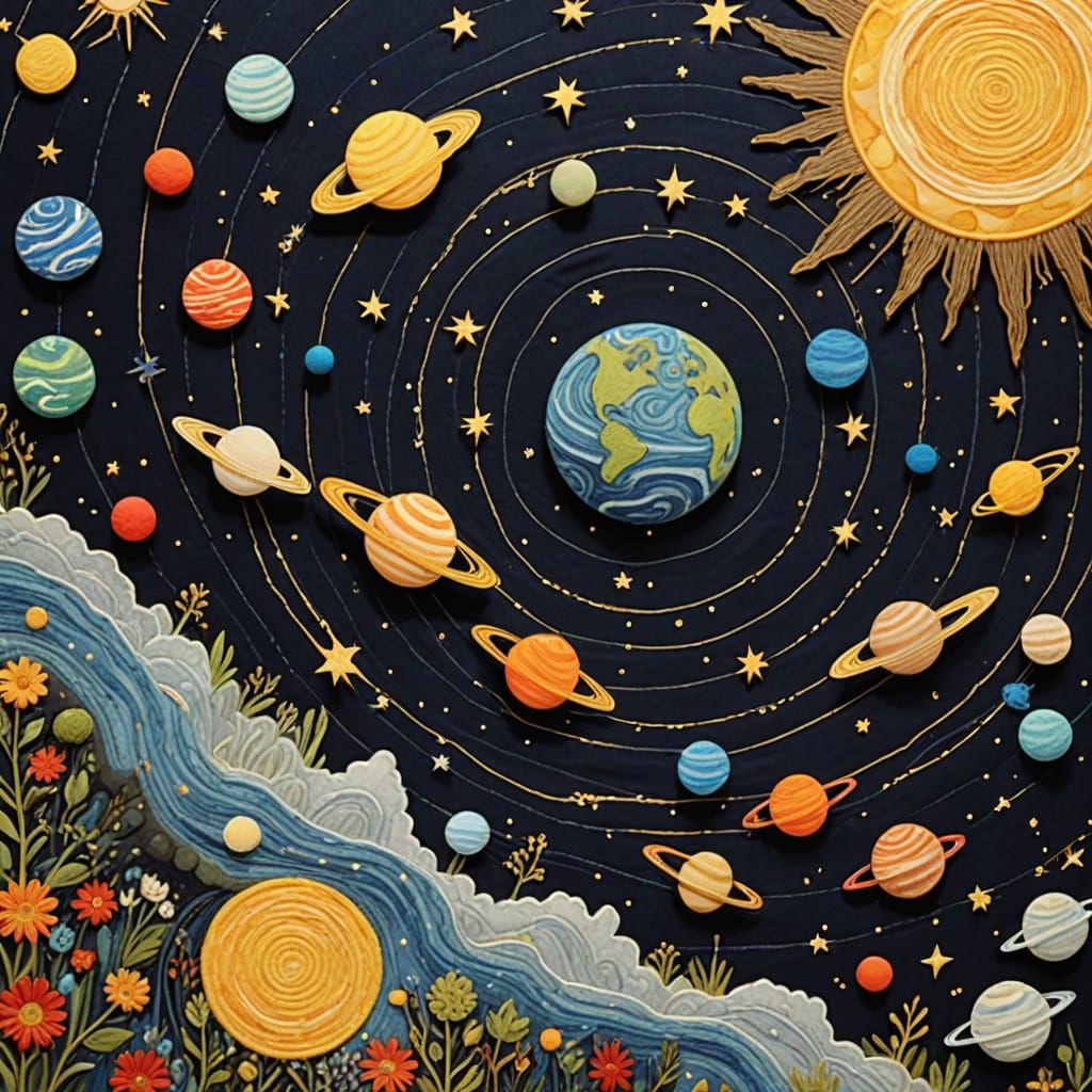 Embroidered Solar System: Cosmic Tapestry in Van Gogh Style