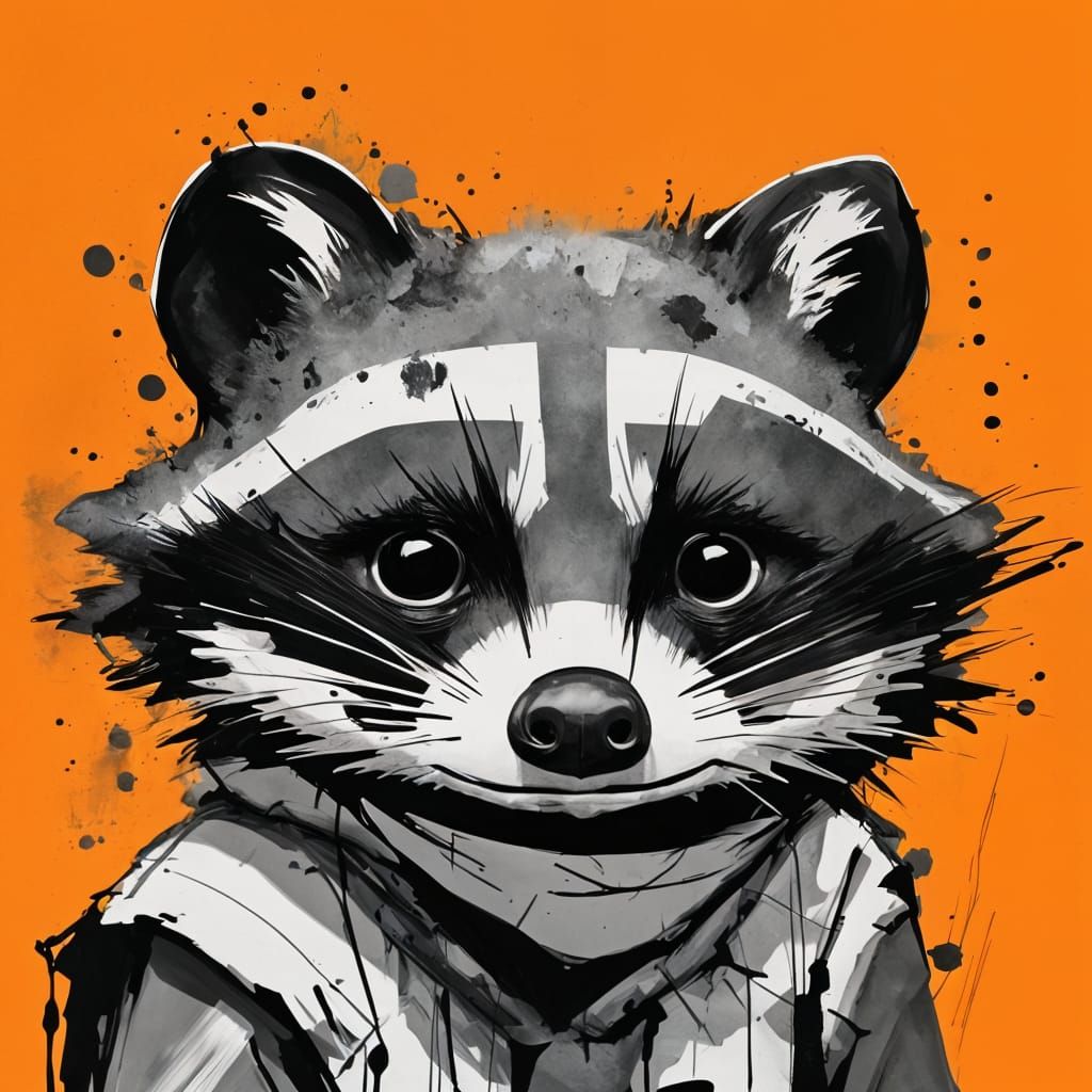 Raccoon Face Close-Up in Black and White Painting