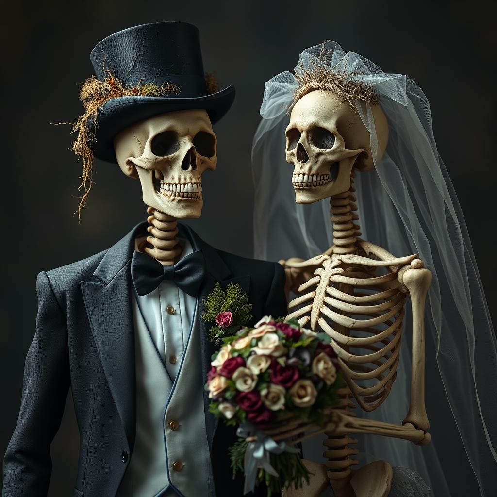 Skeletal Bride and Groom in Macabre Portrait