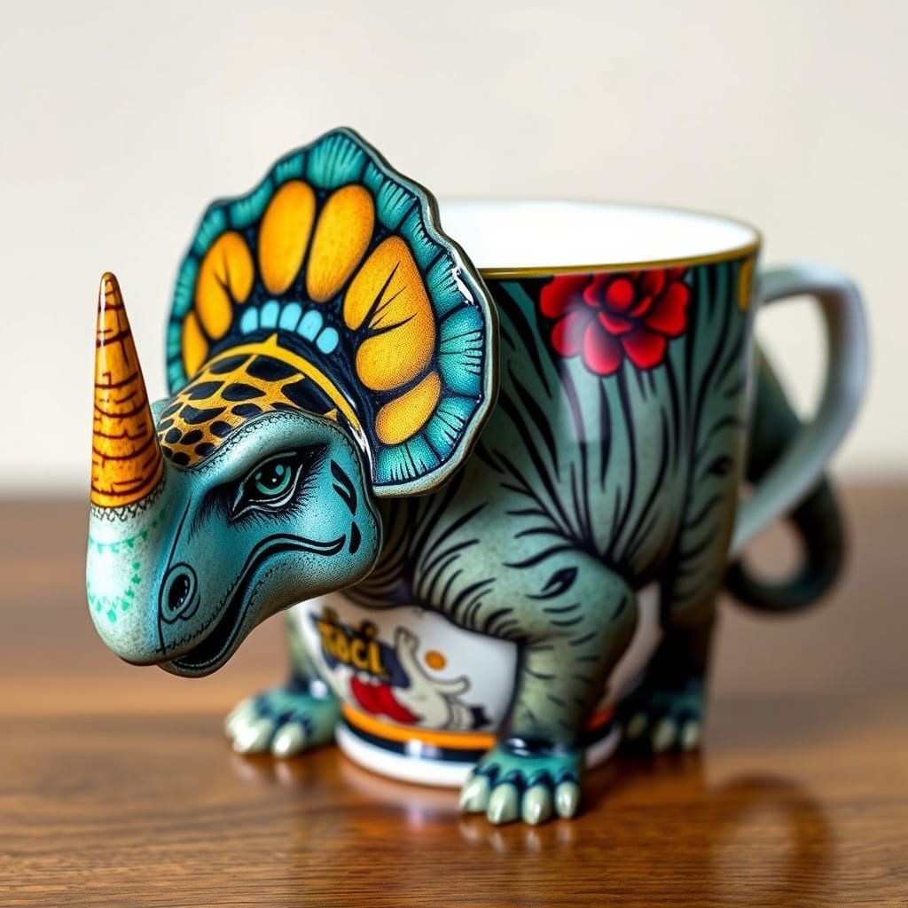 Steampunk Triceratops Teacup in Vibrant Tiger Colors