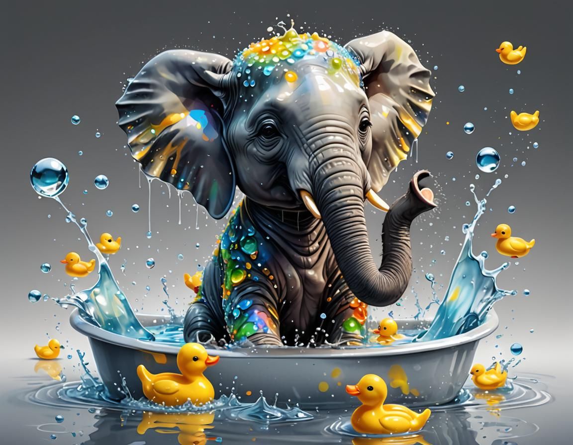 Baby Elephant's Abstract Bath Time, Watercolor Style