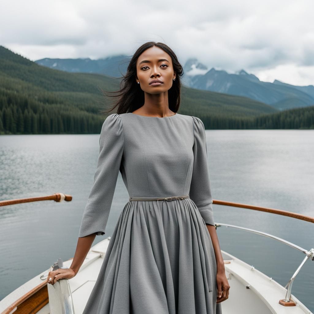 Woman in Gray Dress on Lake Boat