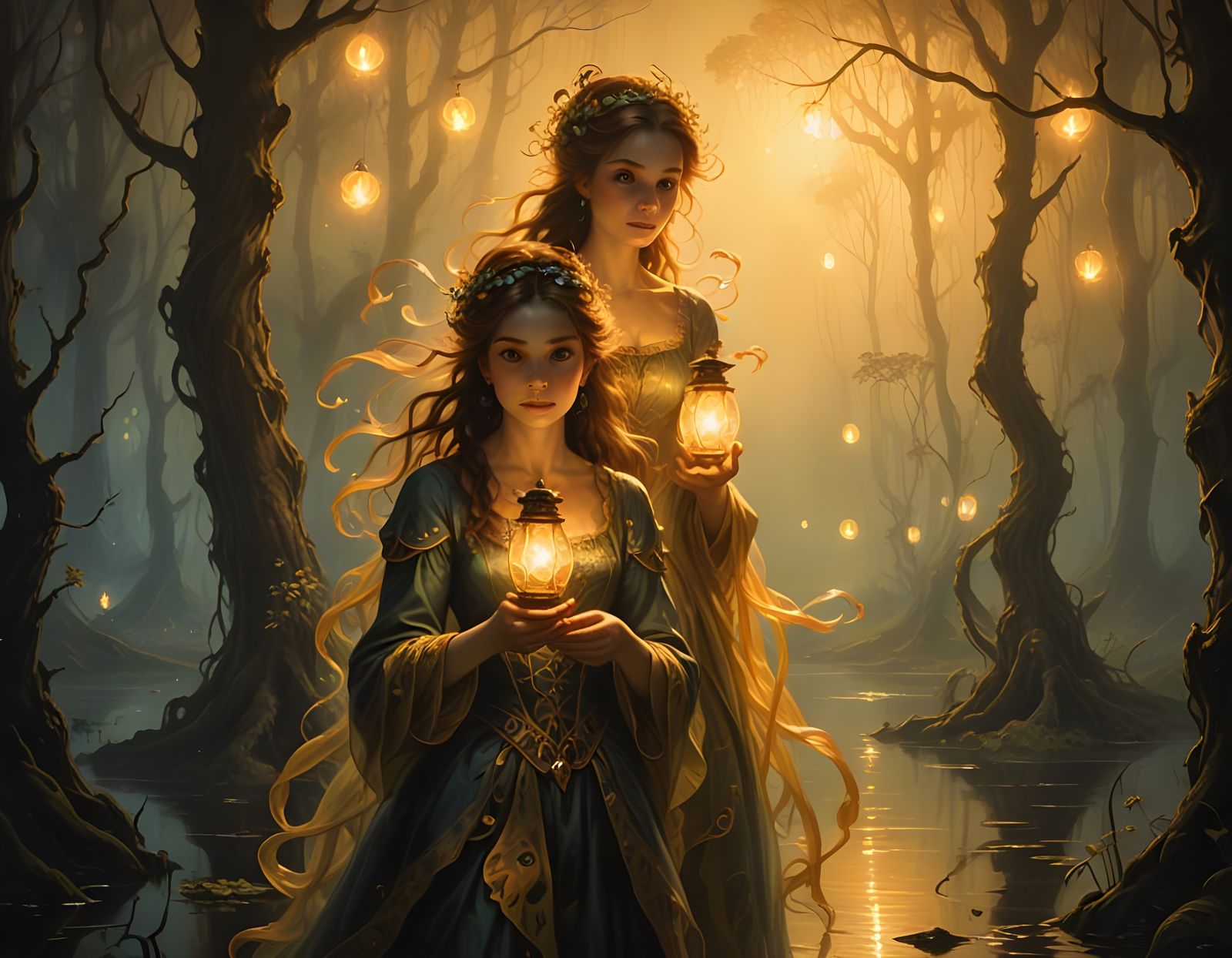 Mysterious Will-o'-the-Wisps Luring Travellers in Dark Swamp...