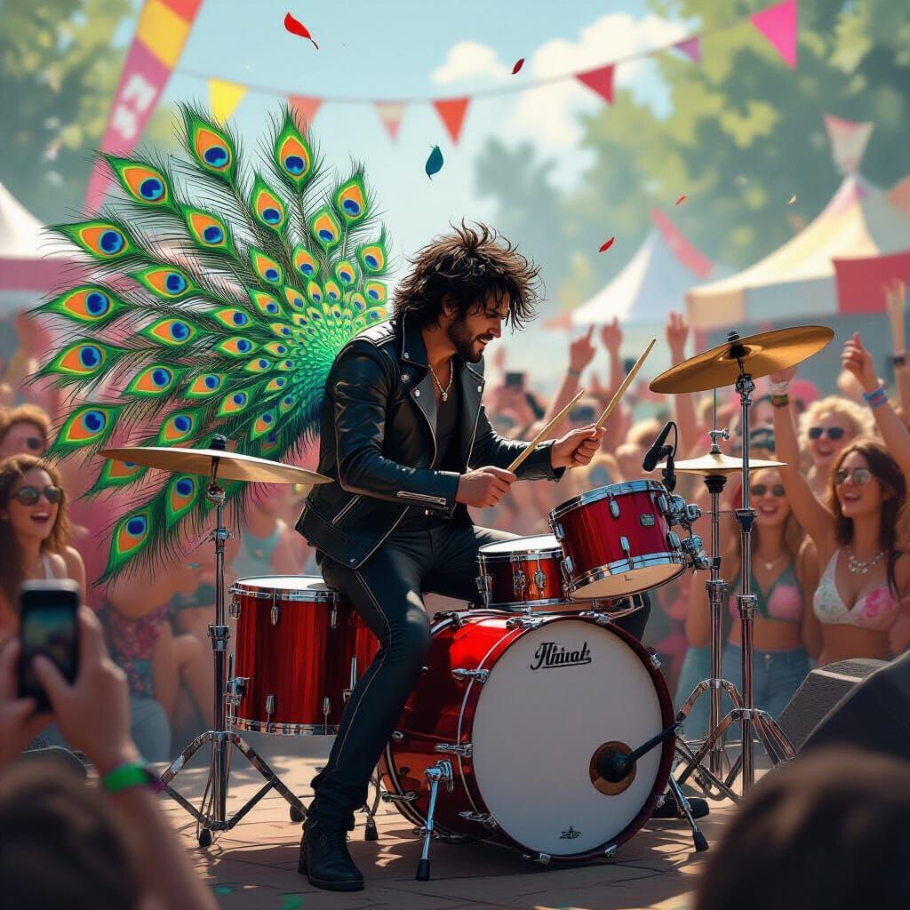 Rock Drummer with Peacock Tail at Summer Festival