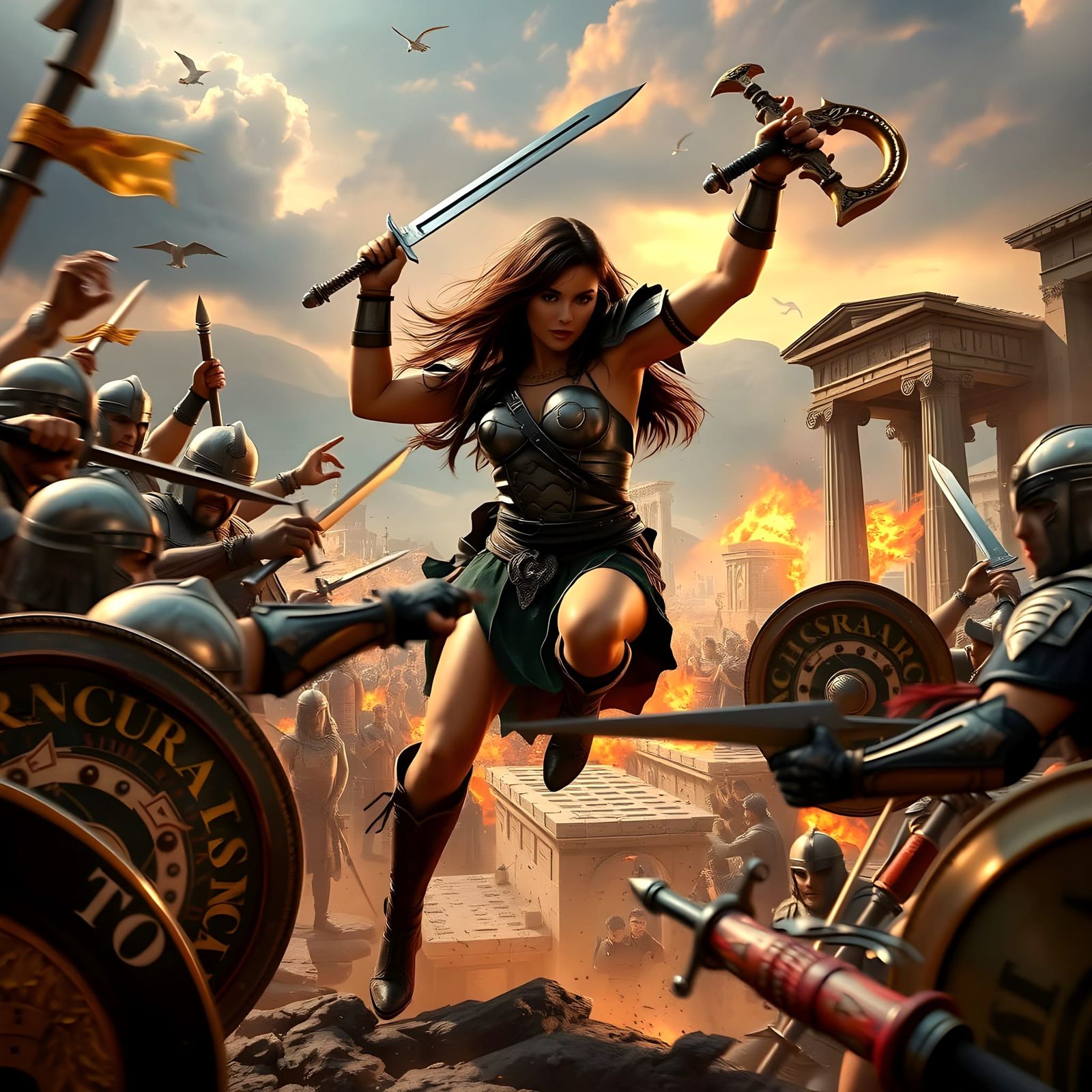 Epic Xena Warrior Princess Battle Scene in Deep Fantasy Styl...