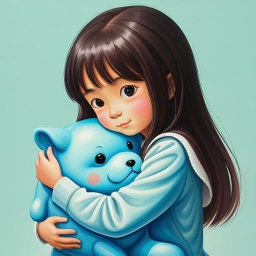 Girl Hugging Bubbledog: A Gouache Painting