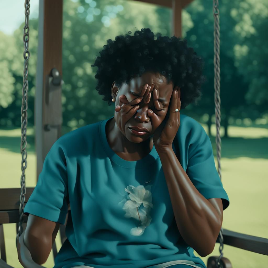 Crying Woman on Porch Swing: Hyperreal 3D Rendering