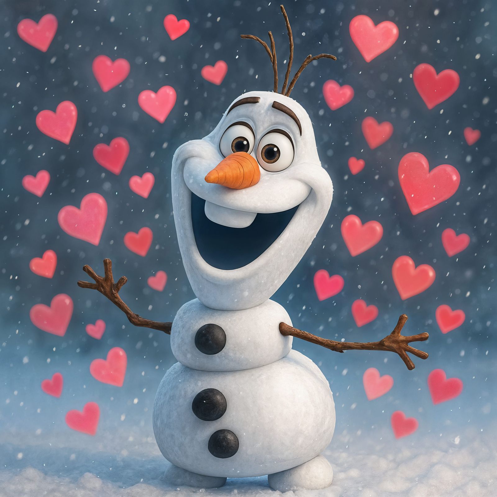 Olaf the Snowman Surrounded by Hearts in CGI