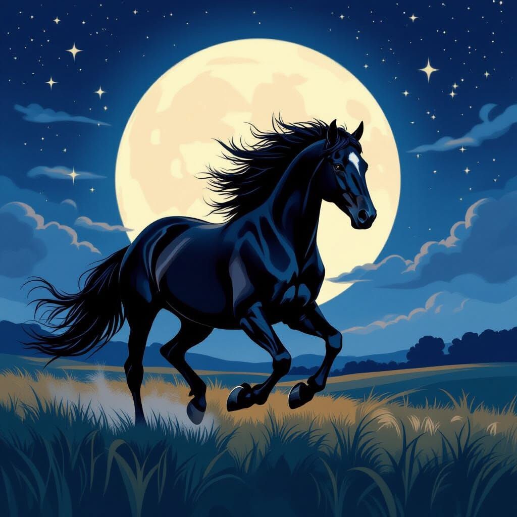 Ebony Horse Gallops Under Moonlit Sky