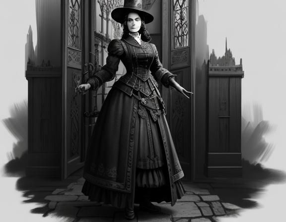 Steampunk Woman in Doorway, Beatrix Potter Style